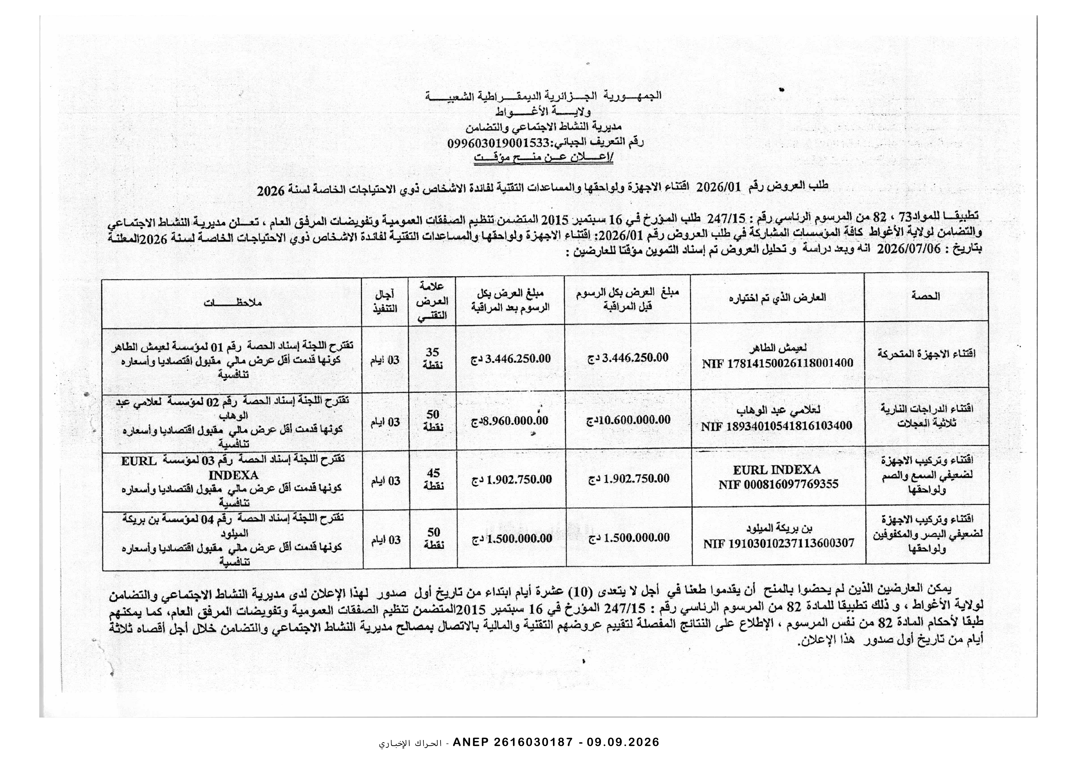 إعلان المنح المؤقت للصفقة